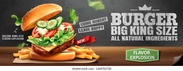 Delicious hamburger and fries banner ads on blackboard background in 3d illustration