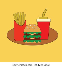 A delicious hamburger with fries and a drink