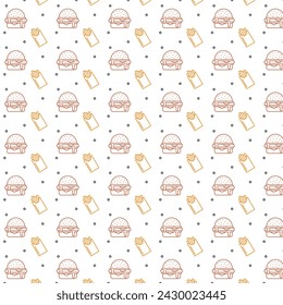 Delicious hamburger and fries seamless pattern vector outline illustration