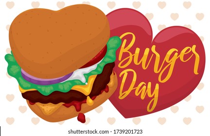 Delicious hamburger with heart shape served with tomato, onion, lettuce, cheddar cheese, mustard and ketchup decorated with a lovely greeting message to celebrate Burger Day.