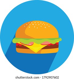 Delicious Hamburger Icon (Bread, Lettuce, Tomato, Sliced Cheese, Beef Meat, and Sesame Seeds) With Blue Background