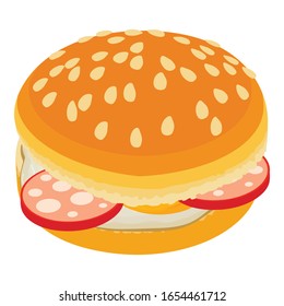 Delicious hamburger icon. Isometric illustration of delicious hamburger vector icon for web