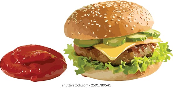 A delicious hamburger illustration featuring a juicy beef patty, fresh lettuce, tomato, and a soft bun, topped with rich red ketchup for a classic, mouthwatering look.