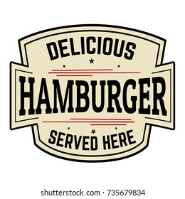 Delicious hamburger label or icon on white background, vector illustration