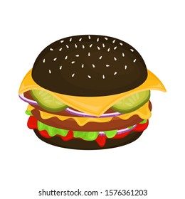 Delicious hamburger on a black bun with cutlet. Vector illustration of fast food. Junk food.