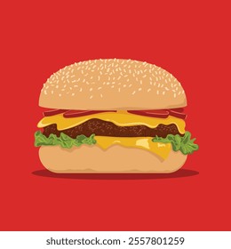 Delicious Hamburger on red background, fast food illustration