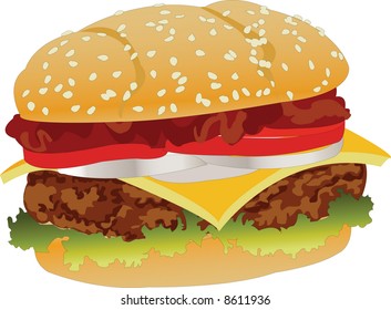 A delicious hamburger on a sesame seed bun.