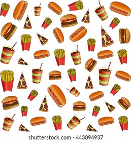 delicious hamburger, pizza, hot dog and a drink on a white background