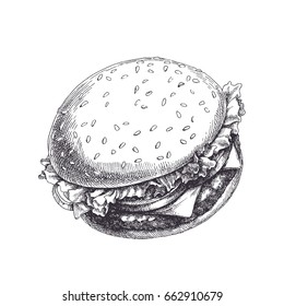Delicious hamburger with tomatoes, meat, onion, cheese and lettuce leaves. Hand drawn vector illustration of fast food isolated on white. Vintage sketch style
