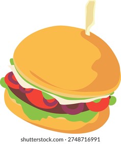 Delicious Hamburger Vector Illustration with Fresh Vegetables, Tomato, and Onion for Fast Food Restaurant Menu