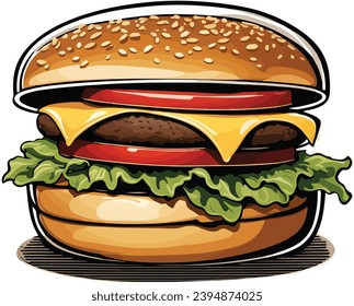 Delicious Hamburger Vector Illustration: A Sumptuous Culinary Creation with Juicy Patties, Fresh Vegetables, and Melted Cheese – Perfect for Adding Flavor to Your Professional Designs