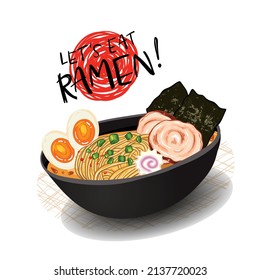 Delicious hand drawn ramen bowl, traditional japanese food with noodles, broth, eggs, seaweed, meet and scallions, great for advertisement, flyers, banners - vector design