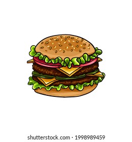 
Delicious hand drawn vector burger with tomatoes, cucumbers, salad, meat and cheese. Bread vegetables with cutlet. Print with mouth-watering fast food.
