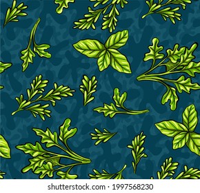 Delicious hand drawn vector edible herbs for cooking aromatic dishes. Stylish seamless pattern with basil, parsley, cilantro. Mouth-watering print.