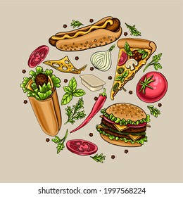 
Deliciosa hamburguesa vectorial hecha a mano, hamburguesa de queso, perrito caliente, pizza, rollo con ensalada, queso y carne. Tomates, cebollas y hierbas provenzales. Diseño elegante con comida rápida. Impresión para hacer agua la boca.