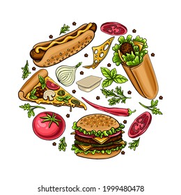 
Delicious hand drawn vector hamburger, cheeseburger, hot dog, pizza, roll with salad, cheese and meat. Tomatoes, onions, and Provencal herbs. Stylish pattern with fast food. Mouth-watering print.