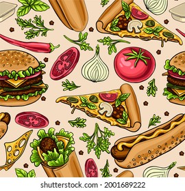 Delicious hand drawn vector hamburger, cheeseburger, hot dog, pizza, roll with salad, cheese and meat. Tomatoes, onions, and Provencal herbs. Stylish seamless pattern with fast food. 