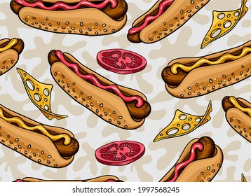 
Delicious hand drawn vector hot dogs with ketchup and mustard. Cheese, tomatoes, sausage, bread and sauce. Stylish seamless pattern with appetizing food items. Fast food to eat on the street