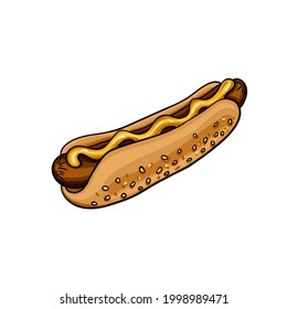Köstlicher handgezeichneter, Vektorhot dog mit Senf. Wurst in Brot mit Sauce. Drucken Sie mit köstlichem Fastfood.