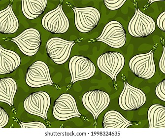 
Deliciosa cebolla vectorial dibujada a mano. Diseño elegante y sin costura con verduras. Impresión para hacer agua la boca.