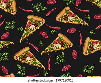 Delicious hand drawn vector pizza slices with mushrooms, olives, sausage and aromatic herbs. Cheese, tomatoes, sausage, bread and sauce. Stylish seamless pattern with appetizing food items. Fast food 