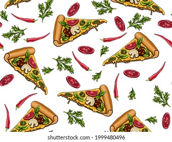 Köstliche, handgezeichnete Pizzaschnitte mit Pilzen, Oliven, Wurst und aromatischen Kräutern. Käse, Tomaten, Wurst, Brot und Sauce. Stilvolles, nahtloses Muster mit appetitanregenden Lebensmitteln. Fast Food 
