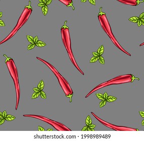 Delicious hand drawn vector red hot chili peppers and sprigs with seasoning leaves. Stylish seamless pattern with appetizing food items.