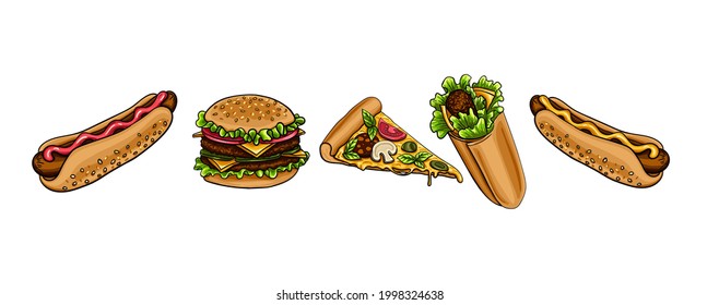 Delicious hand drawn vector roll in pita bread with lettuce, meat and cheese, slice of pizza with mushrooms, cheeseburger with cucumbers, hot dog with sausage and sauce. Isolated appetizing fast food 