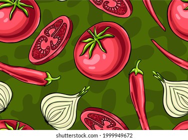 Delicious hand drawn vector vegetables for spicy and aromatic dishes. Stylish seamless pattern with chili peppers, tomatoes and onions. Mouth-watering print.