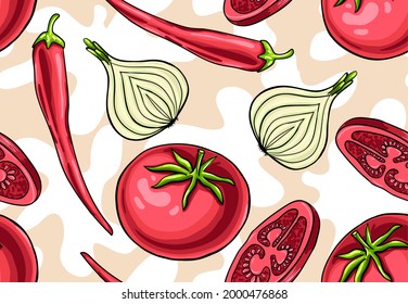 Delicious hand drawn vector vegetables for spicy and aromatic dishes. Stylish seamless pattern with chili peppers, tomatoes and onions. Mouth-watering print.