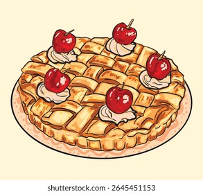 Delicious hand-drawn apple pie with lattice crust, topped with whipped cream swirls and cherries. Perfect for bakery, dessert menus, or cozy food art collections.