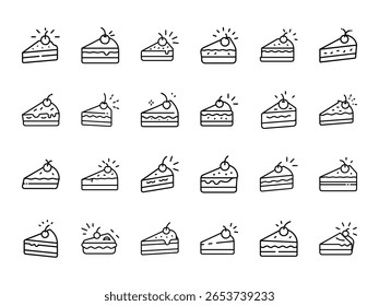 Deliciosa Colección de rebanadas de pastel de cumpleaños dibujada a mano - 24 adorables iconos de postre de arte de línea con adornos de cereza, escarcha en capas y destellos de celebración perfectos para invitaciones de fiesta, logotipos de panadería
