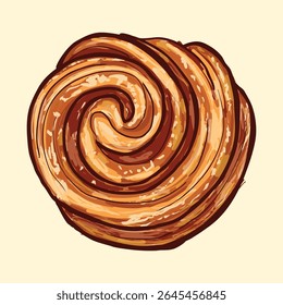 Deliciosa ilustração de massa redemoinho de brioche de canela desenhada à mão com textura rica e tons quentes. Ótimo para projetos de padaria, menus de sobremesa ou coleções de arte com temática de alimentos vintage.
