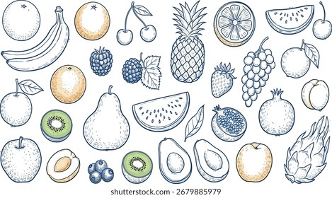  Delicious Hand-Drawn Fruit Collection Pineapple, Grapes, and More - A Colorful, Artistic Assortment!