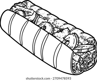 A Delicious Hand-Drawn Illustration of a Fully Loaded Sub Sandwich on a White Background