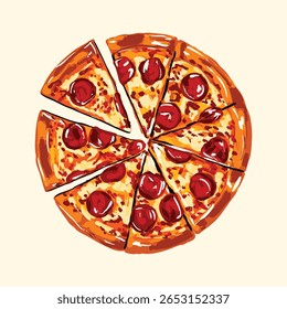 Deliciosa ilustração de pizza de pepperoni desenhada à mão com 8 fatias de queijo. Ótimo para menus, embalagens de alimentos, marcas, cartazes e projetos com temas culinários com um olhar divertido e apetitoso.