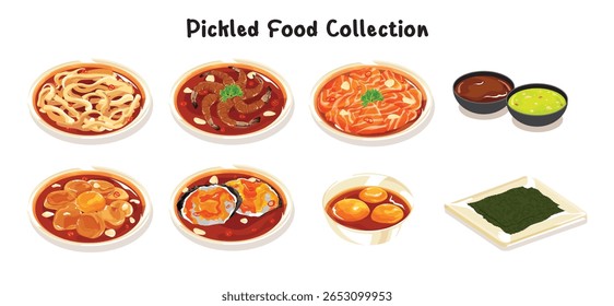 Uma deliciosa ilustração vetorial da coleção de alimentos em conserva desenhada à mão com vários pratos marinados asiáticos populares e molhos para imersão. Perfeito para menus de restaurantes, blogs gastronômicos ou designs culinários.