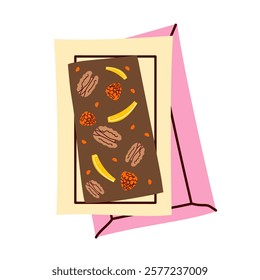 Delicious handmade chocolate for Valentine's day. Tasty cocoa product with nuts, berry, dry fruits. Hand drawn modern illustration. Sweet, delicious dessert. For pastry shop, wrapping.