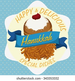 Delicious Hanukkah duo, sufgania and latke with blue ribbon.