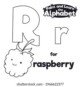 Delicious and happy raspberry with letters 'R', ready to be colored during alphabet learning.