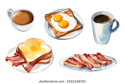 A delicious healthy breakfast consisting of scrambled eggs with a Belgian waffle, a sandwich, a plate of fried bacon, a mug of latte and a cup of cappuccino. Watercolor hand drawn painting isolated