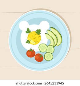 Delicioso e saudável café da manhã. Ovo frito com legumes e com verdes. Ilustração vetorial apetitoso café da manhã. Nutrição saudável e adequada.