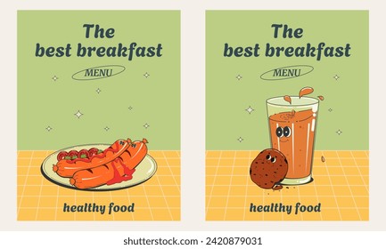 delicious and healthy breakfast. Fried sausages with ketchup, tomatoes and green peas and cocoa with chocolate oatmeal cookies.Funny,groovy cartoon style.Set of vector illustrations for the cafe menu