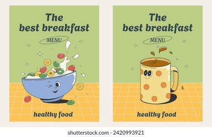 A delicious and healthy breakfast. Fruit cereal and a mug of coffee or cocoa. Funny, groovy cartoon style. A set of vector illustrations for the design of restaurant menus,cafes,eps10