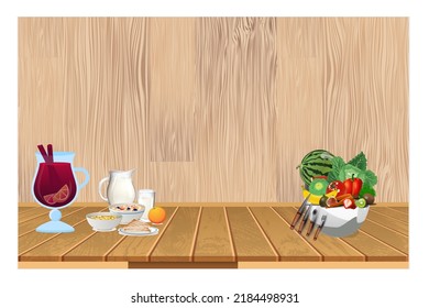 Delicious healthy breakfast, jamaica juice, fruits and vegetables, cereal, milk, orange and bread on a rustic wooden kitchen background. Healthy eating concept. vector illustration