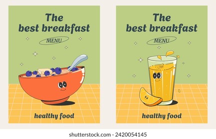 A delicious and healthy breakfast. Oatmeal or muesli with blueberries, a glass of orange juice. Funny, groovy cartoon style. A set of vector illustrations for restaurant menus, cafes, packaging design