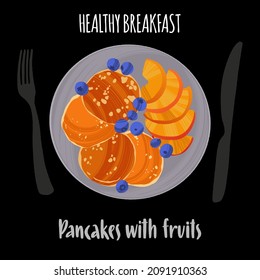 Delicious healthy breakfast. Pancakes with fruit. Hand drawn dish in flat style with dry brush texture. Vector colorful meal illustration and handwritten lettering for web articles, books and flyers.