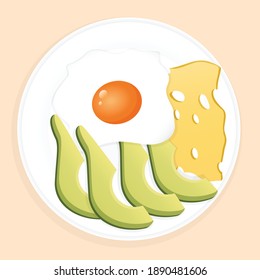Delicious, healthy breakfast plate with avocado slices, cheese and fried egg. Vector illustration of a healthy breakfast for poster, advertisement, menu, web. Healthy lifestyle.
