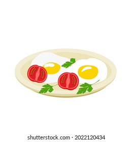 Delicious healthy breakfast scrambled eggs and tomatoes on a plate. Delicious and nutritious morning food. Vector illustration.