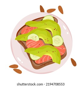 Delicious healthy breakfast vector illustration. Cartoon isolated plate with smoked salmon, cucumber slices and toast with avocado and roasted almond seeds, top view of sandwich with salmon portion